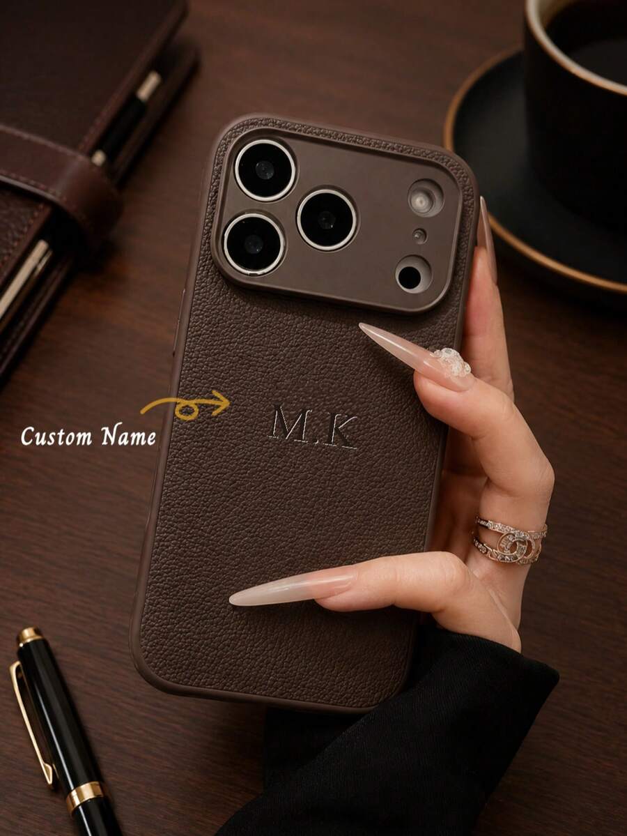 Personalized Luxury Crocodile Embossed Letter Hot Stamping Faux Leather Phone Case, Compatible With Apple 17, 16, 15, 14, 13, 12, 11 Pro Max, 14, 15, 16 Plus, 17 Air, Stylish Protective Cover DIY Gift - Chocolate Brown - View 1