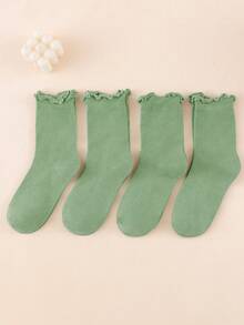 4 Pairs Unisex Mid-Calf Socks, Ruffle Cuff, Striped & Solid Color, Lightweight & Breathable, Versatile For Spring/Summer - Green - View 2