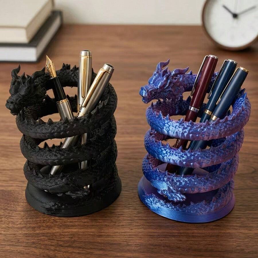 Tempat Pena Naga Cetak 3D, Kotak Penyimpanan Meja Dua Warna Berkilau, Kerajinan Cetak 3D Kreatif, Desain Naga Melingkar 3D - Gradien Biru Ungu, Tahan Lama dan Anti Jatuh, Cocok untuk Meja atau Meja Kantor, Kotak Penyimpanan Pena Ballpoint - naga - View 1