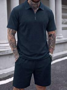 男士华夫格 Polo 衫 + 短裤两件套，休闲日常穿着，夏季 - 藏蓝色 - 查看 2