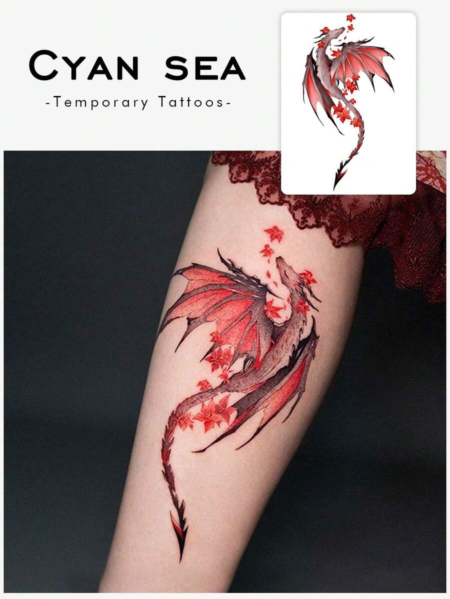 1pc Red Gray Gradient Flying Dragon Red Maple Leaf Slim Vertical Strip Temporary Tattoo Sticker, Realistic Fake Tattoo Design, Suitable For Daily Bachelorette Party Favors, Music Festivals, Gaming, Graduation Gifts, Lasts 3-5 Days - Multicolor - View 1