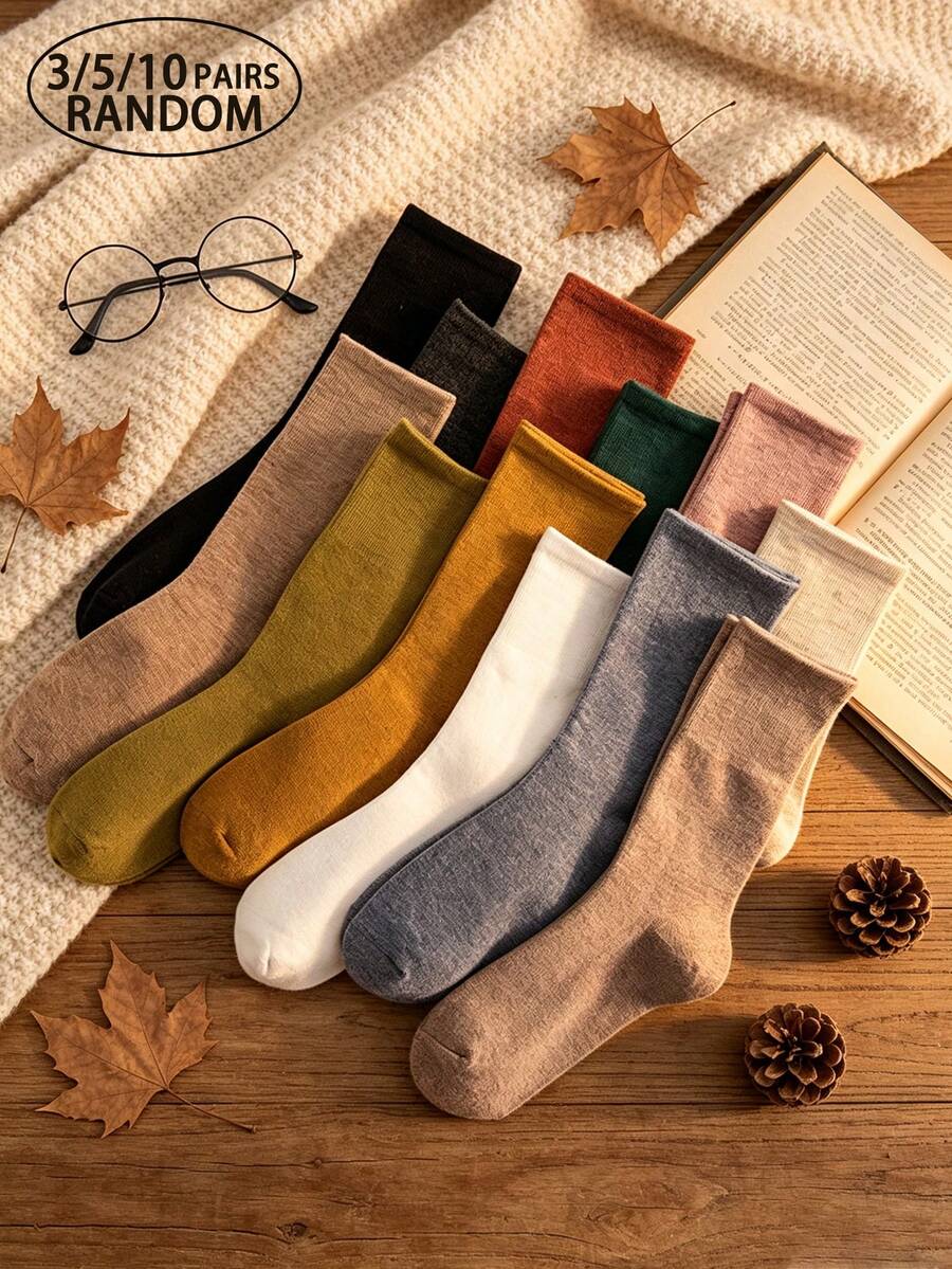 3/5/10 Pairs Random Solid Color Mid-Calf Socks, Autumn/Winter Retro Multi-Color Socks Set, Japanese Warm Tone All-Match Mid-Calf Socks, Versatile Solid Color Cotton Mid-Calf Socks, Autumn Colorful Slouch Socks, Casual Socks - Multicolor - View 1