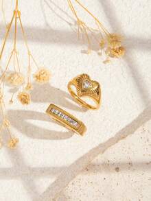 2pcs Stainless Steel Fashion Elegant Gold-Colored Rings, Inlaid With White Rhinestones, Suitable For Women's Daily Wear Or Gift Giving - Yellow Gold - View 3