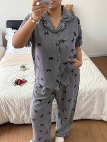Sweet Bow & Heart Print Soft Pajama Set For Women, Short Sleeve Button Collar Cropped Top With Shorts, Soft Skin-Friendly Loungewear, Loose Slimming Fit, Machine Washable & Easy Care, Simple Versatile Style For Home & Casual Wear, Suitable For Daily Outings - Multicolor - View 7