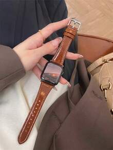 客製化軟皮革人造皮革手錶錶帶，適用於 AppleWatch 女款運動系列，尺寸 38mm、40mm、41mm、42mm、44mm、45mm、46mm、49mm，相容 AppleWatch Series 10/%/8/7/6/5/4/3/2/1 SE Ultra - 棕色銀漆皮 - 查看 1
