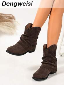 Dark Brown Chunky Heel Low Heel Round Toe Slip-On Comfortable Versatile Punk European American Office Commute Daily Vacation Street Fashion Women's Boots - Coffee Brown - View 2