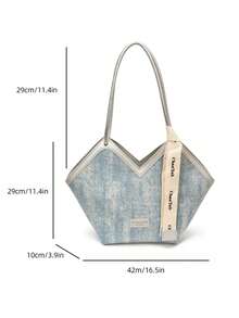 Light Blue Textured Fabric V-Shape Tote Bag, Silver Trim Curved Handle Shoulder Bag With Letter Printed Ribbon Decor - Blue - View 3