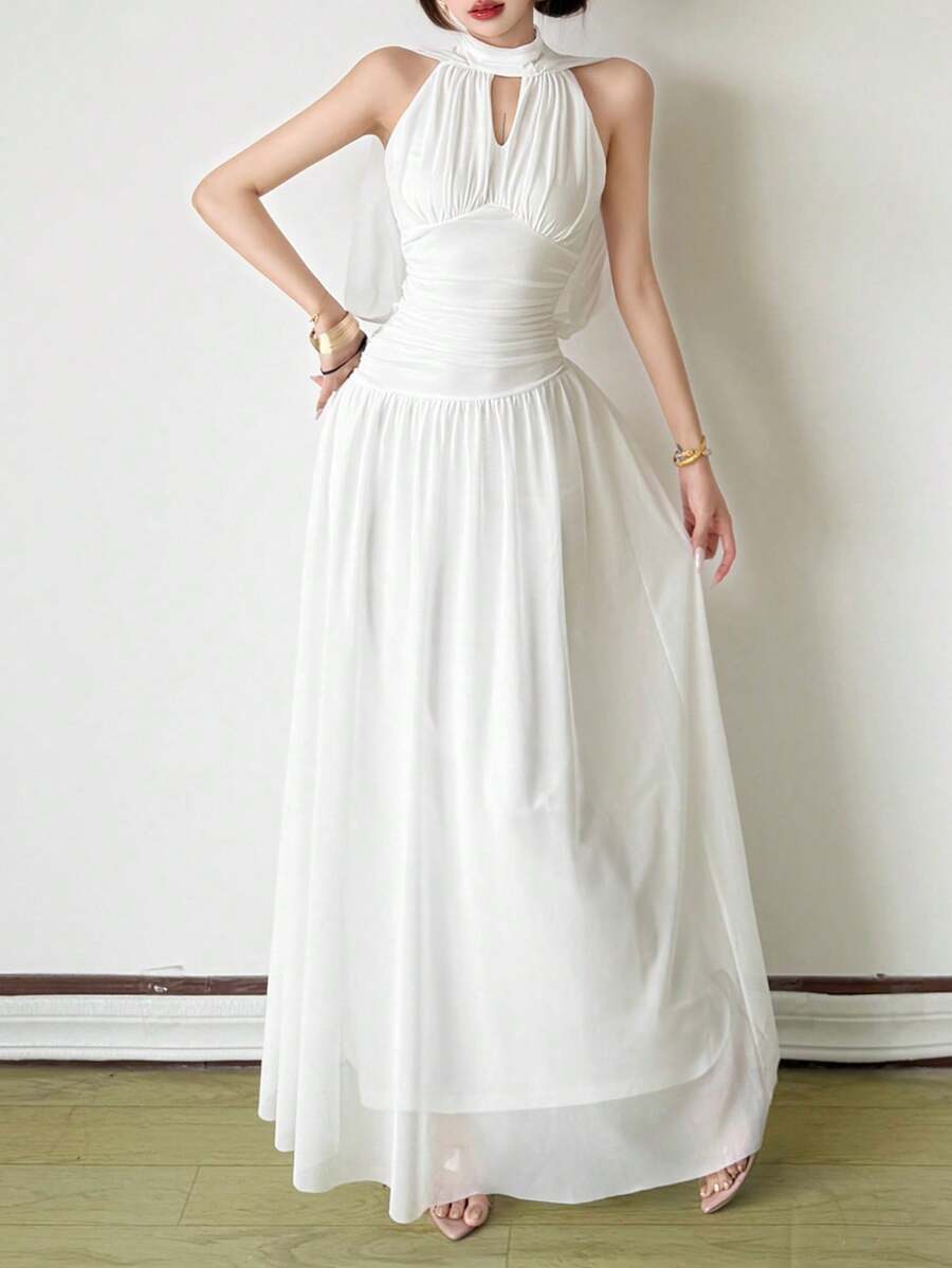 Top Dazzle Elegant White Mesh Fabric Keyhole A-Line Maxi Dress For Women With Flared Hem, Sleeveless Cut Out Design - White - View 1