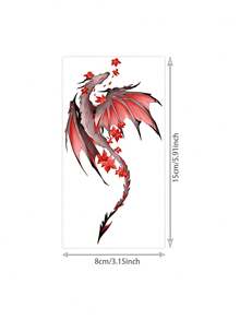 1pc Red Gray Gradient Flying Dragon Red Maple Leaf Slim Vertical Strip Temporary Tattoo Sticker, Realistic Fake Tattoo Design, Suitable For Daily Bachelorette Party Favors, Music Festivals, Gaming, Graduation Gifts, Lasts 3-5 Days - Multicolor - View 6