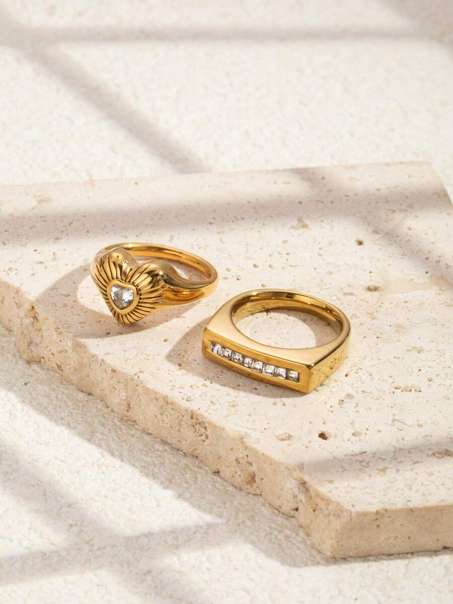 2pcs Stainless Steel Fashion Elegant Gold-Colored Rings, Inlaid With White Rhinestones, Suitable For Women's Daily Wear Or Gift Giving - Yellow Gold - View 1