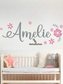 Custom Name Pretty Flowers Wall Decal Personalized Vinyl Name Decor For Teen Girl (Sticker Only) - Multicolor - View 1