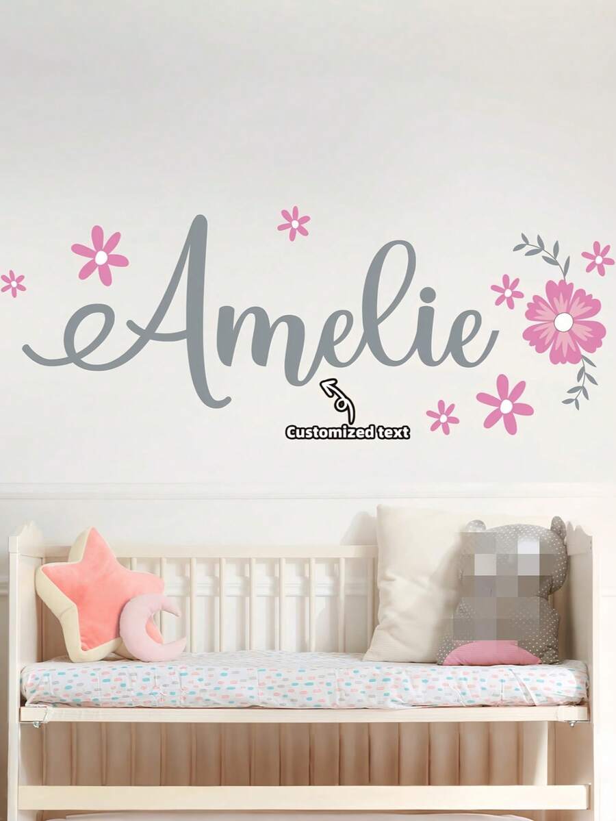 Custom Name Pretty Flowers Wall Decal Personalized Vinyl Name Decor For Teen Girl (Sticker Only) - Multicolor - View 1