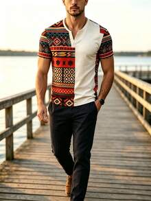 Men's Bohemian Style Retro V-Neck T-Shirt With 3D Full Printed Half Side Pattern Design, Fashionable And Printed - Multicolor - View 3