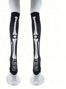 1/3 Pairs Black Knee-High Socks With Dark Skull Pattern, Suitable For Halloween, For Teenagers - View 5