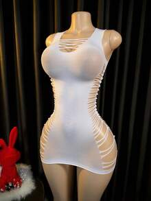 Women's Solid Color Cutout Design Sexy Sleeveless Lingerie Dress - White - View 1