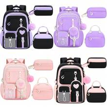 3pcs Contrast Color Heart Embroidery Girls Backpack With Pom Pom Charm, Matching Lunch Bag And Pencil Case Set - Sets - View 9