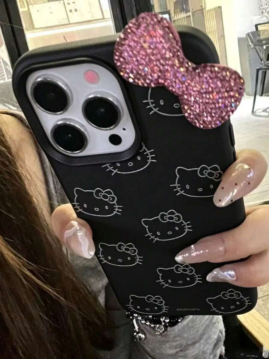 Sanrio Cartoon Bow Hello Kitty Apple 16 Pro Max Phone Case, Pink Protective Shell For Girls, Compatible With IPhone 17/15 Pro Max/14/13/12, Full Coverage - Black - View 1