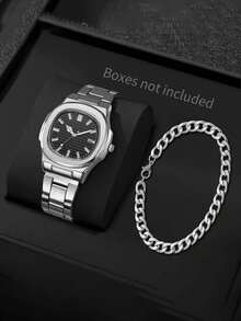 2pcs/Set Men's Square Steel Band Watch, Minimalist Fashion Men's Wristwatch, Premium Quartz Watch Set - Silver - View 1