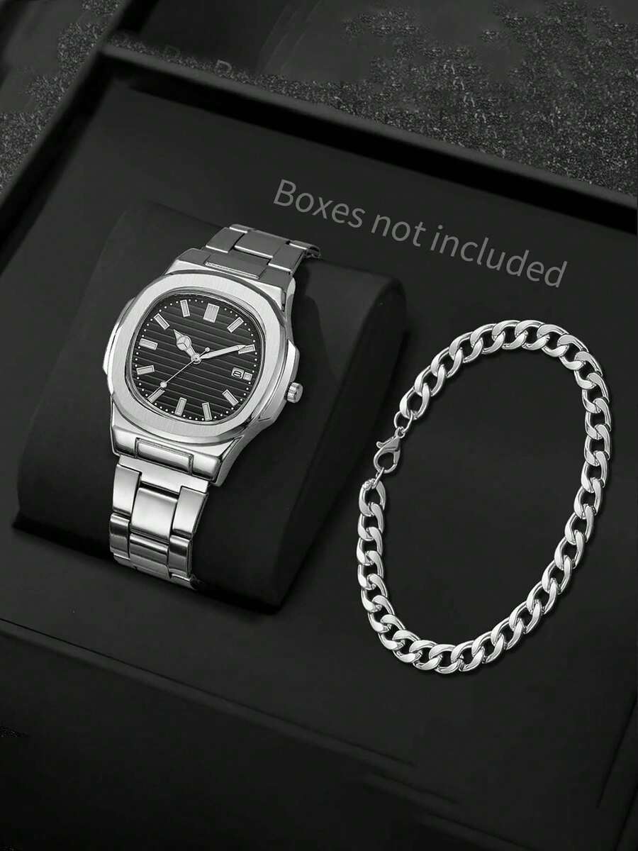 2pcs/Set Men's Square Steel Band Watch, Minimalist Fashion Men's Wristwatch, Premium Quartz Watch Set - Silver - View 1