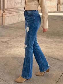 Women's Minimalist Distressed Stretch Flare Leg Denim Jeans - Dark Wash - View 5
