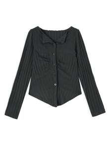 Slim Fit Asymmetrical Pleated Collar Short Base Layer Top, Spring/Autumn - Dark Grey - View 4