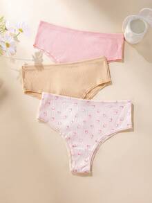 Aofeiqike 3 قطع سروال داخلي نسائي بخصر متوسط مضلع، سروال داخلي مثلث من القطن الناعم بلون موحد وطبعة قلب لطيفة، أسلوب يومي - متعدد الألوان - مشاهدة 1