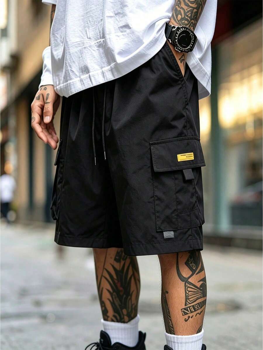 1pc Men's Summer Outdoor Solid Color Pocket Drawstring Waist Cargo Shorts Black Sports - Black - View 1