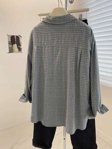 Plus Size Women's Autumn/Winter Brushed Plaid Long Sleeve Shirt - Blue - View 4