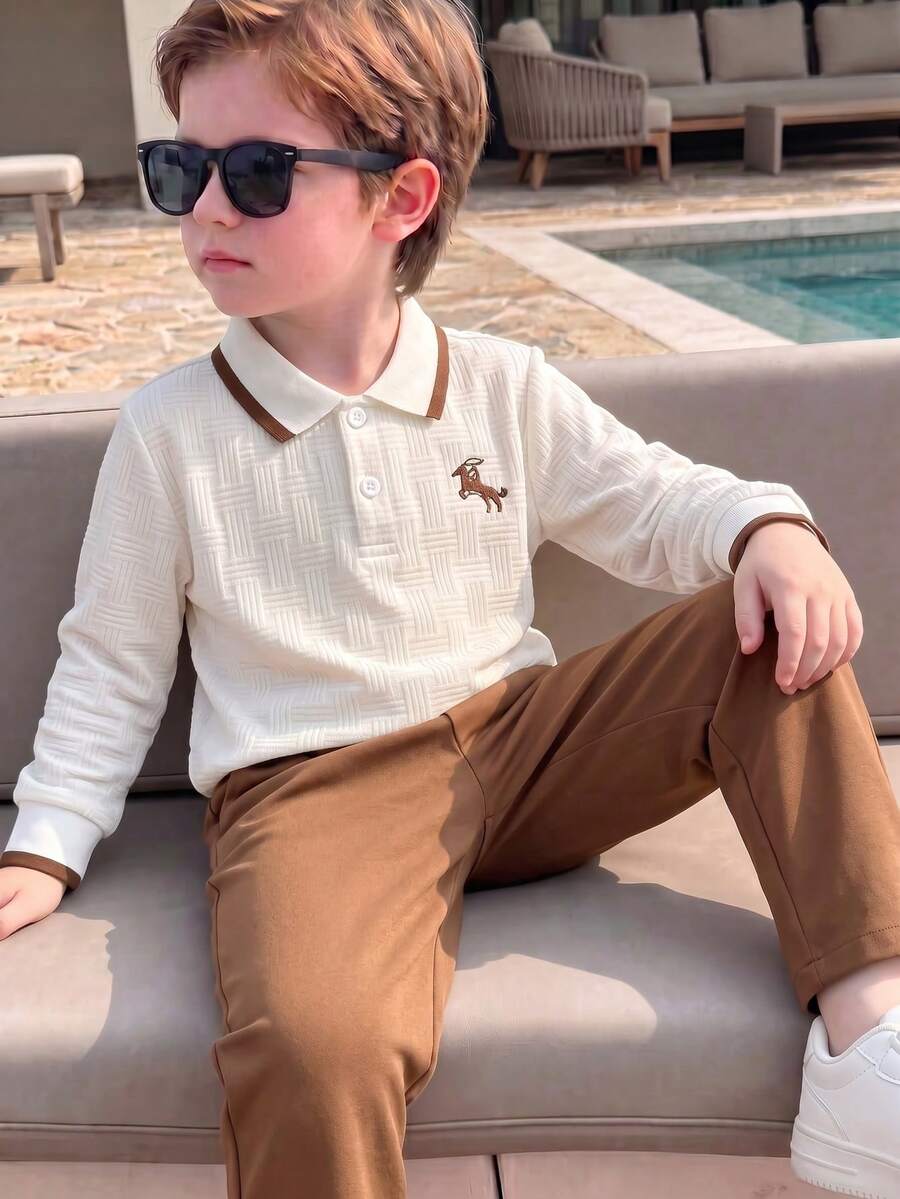 2pcs/Set Boys Autumn/Winter Fashion Cute POLO Collar Long Sleeve T-Shirt And Casual Long Pants Set - White - View 1