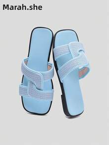 PWIIMG Women's Summer Casual Fashion Blue Flat Sandals, Elegant Square Toe Slip-On Flat Sandals For Outdoor Commute, Home, Family Party, Beach Wear, Water-Friendly, Solid Color, Beach Vacation, Elegant Casual Commute Buckle Outdoor - Baby Blue - View 5