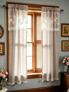 1 Stück blauer Vintage-Landhausstil Kontrast-Spitzen-Strickvorhang, Küchen-Karo-Kurzvorhang, Spitzenbesatz-Halbvorhang, französischer Bauernhaus-Vorhang, Raumdekoration - Blau - Übersicht 4