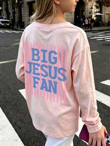 Tween Girl 1pc Printed Long Sleeve T-Shirt, Suitable For Girls' Autumn/Winter Tops, Young Student Children's Clothing, Suitable For Outerwear And Layering - Pink - View 2