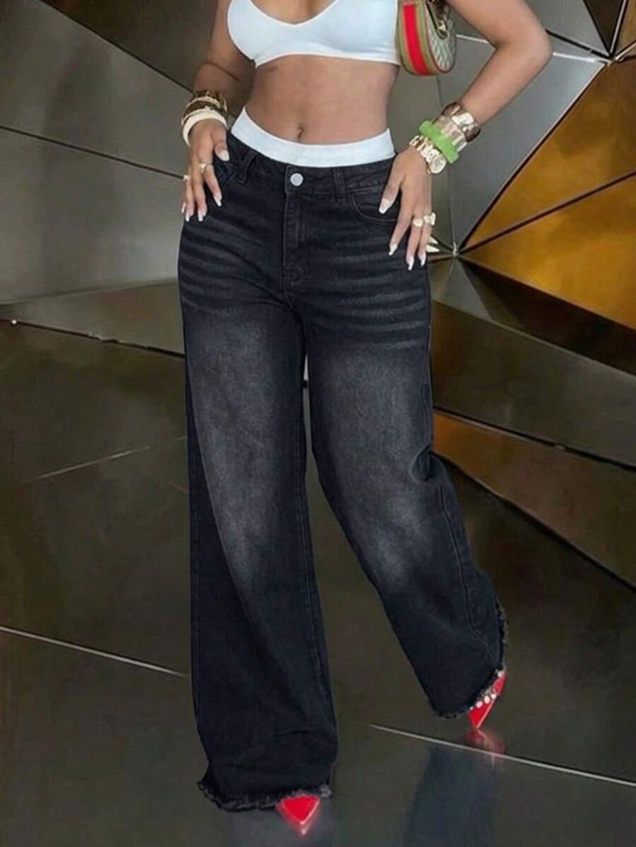 Celana Jeans Denim Wanita Gaya Street Retro Musim Gugur/Dingin dengan Ujung Berumbai dan Potongan Lebar - Hitam - View 1