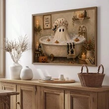 1pc Bathtub Ghost Painting: Vintage Halloween Bathroom Wall Decor, Cute Ghost Soaking In Bubble Bath Surrounded By Small Pumpkins, Canvas Wall Art, Suitable For Home, Dorm, Living Room Decoration, Birthday And Graduation Gift Halloween Decor Halloween Gift All Saints' Day Decor All Saints' Day Gift - A - View 10
