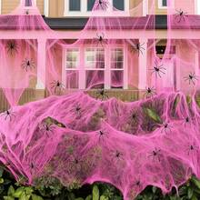 1 Set Halloween New Pink Spider Cotton Scene Decoration Spider Web Pink Spider Web Haunted House Prop Cotton - A - View 6