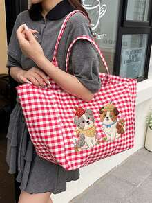 Puppy Pattern Plaid Tote Bag, Flat Cute Dog Print, Casual Plaid Shoulder Bag And Portable Coin Purse, Mini Makeup Bag With Zipper, Large Capacity Canvas Shoulder Bag, Slouchy Handbag, Multi-Functional Shopping Bag, Campus Style Tote Bag, Suitable For Shopping, Commuting, Back To School, Travel And Daily Use, Unique Birthday Gift, Holiday Gift, Party Gift, Teacher Gift - Multicolor - View 4