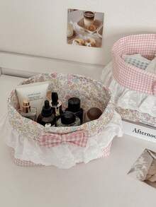 1pc Floral Lace Fabric Storage Basket Sweet Gentle Style Mother-Daughter Set Foldable Bedroom Dormitory Desktop Cosmetics Small Items Digital Products Organizer Container Home Decor Gift - View 9