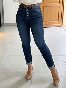 Shaping Skinny Jeans For Women, Elastic Denim Pants With Button Fly, Comfortable Everyday Jeans For Curvy Figures - Dark Wash - View 3