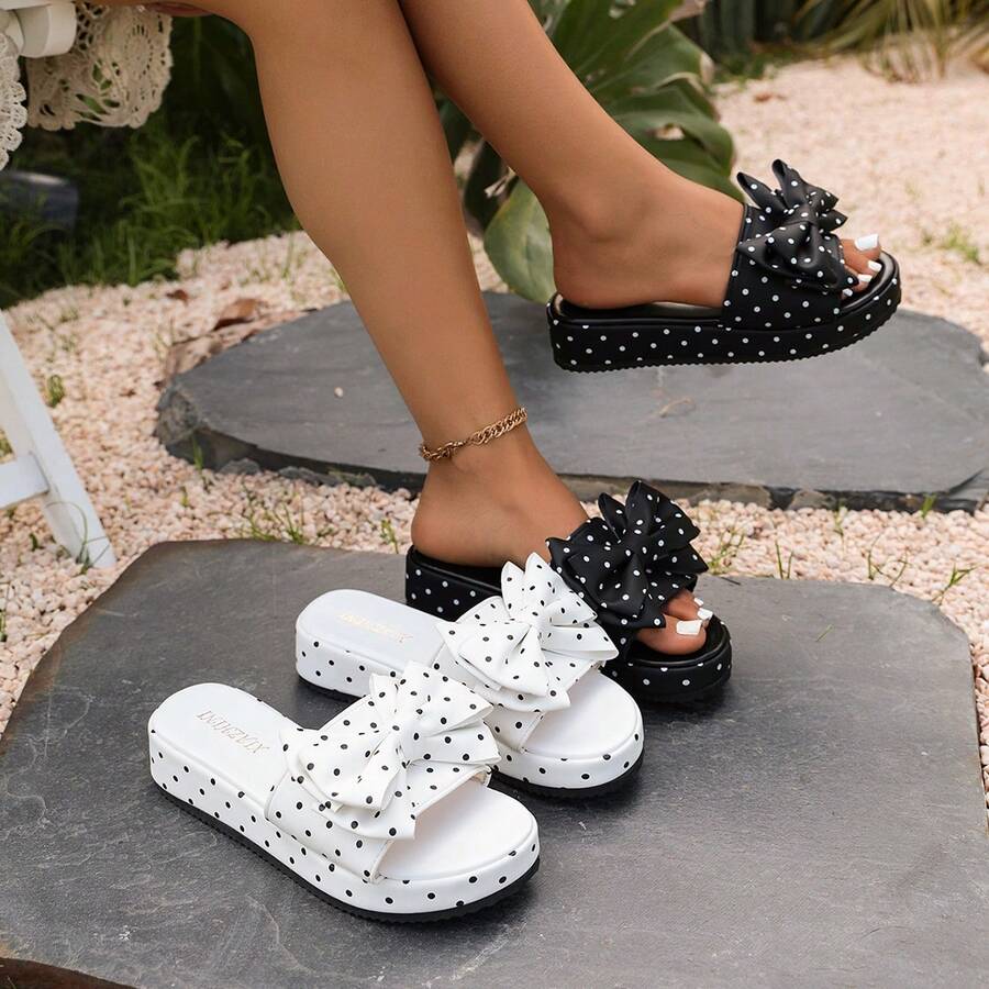 Summer New Fashion Platform Thick Sole Wedge Heel Bow Decor Sandals Women Casual Beach Versatile Open Toe Plus Size Shoes - Black - View 1