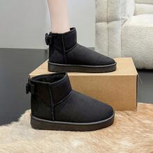 Women's Short Snow Boots With Bow Knot Heel, Minimalist Soft Style Winter Thermal Lined Ankle Boots - Black - View 1