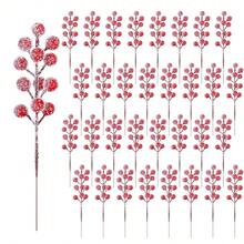 1/4/8pcs Artificial Christmas Sprigs, Snowflake Red Berry Stems, Flocked Holly Red Berry Stems, Christmas Tree Decorative Branches, Faux Frosted Red Berry Branches, Winter DIY Crafts, Wedding Home Party Decor - Red - View 1