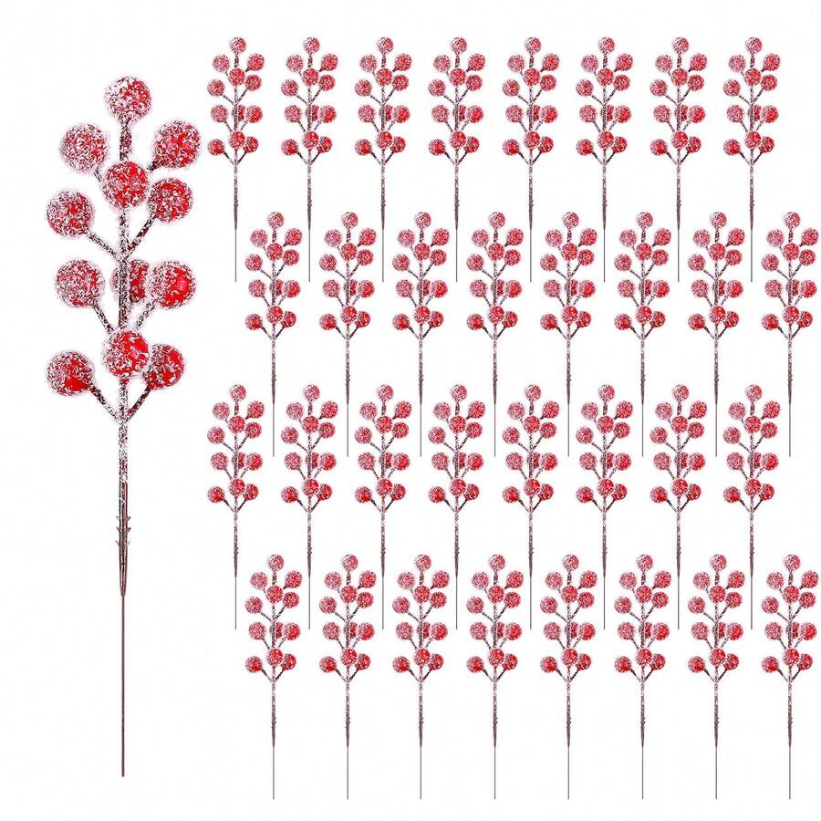 1/4/8pcs Artificial Christmas Sprigs, Snowflake Red Berry Stems, Flocked Holly Red Berry Stems, Christmas Tree Decorative Branches, Faux Frosted Red Berry Branches, Winter DIY Crafts, Wedding Home Party Decor - Red - View 1