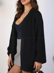 Women's Knitted Cardigan With Puff Sleeves, Elegant, Casual, Black - 黑色 - 查看 3