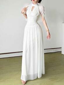 Top Dazzle Elegant White Mesh Fabric Keyhole A-Line Maxi Dress For Women With Flared Hem, Sleeveless Cut Out Design - White - View 6