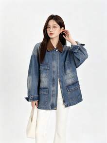 Brown American Retro Maillard Style Versatile Denim Jacket Zip-Up Top For College Office Daily Wear Spring Autumn - Blue - View 7