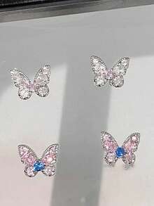 1pc New Fairy-Style Pink & White Butterfly Cartilage Ear Stud, Exquisite & Dynamic Niche Design, Rhinestone-Embellished Fashion Versatile Ear Cuff For Women - Multicolor - View 3