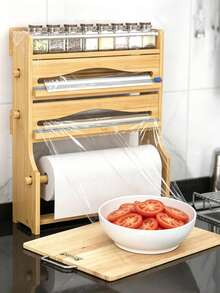 Wall Mount Bamboo Plastic Wrap Dispenser With Paper Towel Holder, Kitchen Storage Bamboo Wrap Dispenser,Kitchen Storage Rack,Aluminum Foil Storage Organizer, Kitchen Spice Rack Organiser,Home Organisation Accessory - View 2