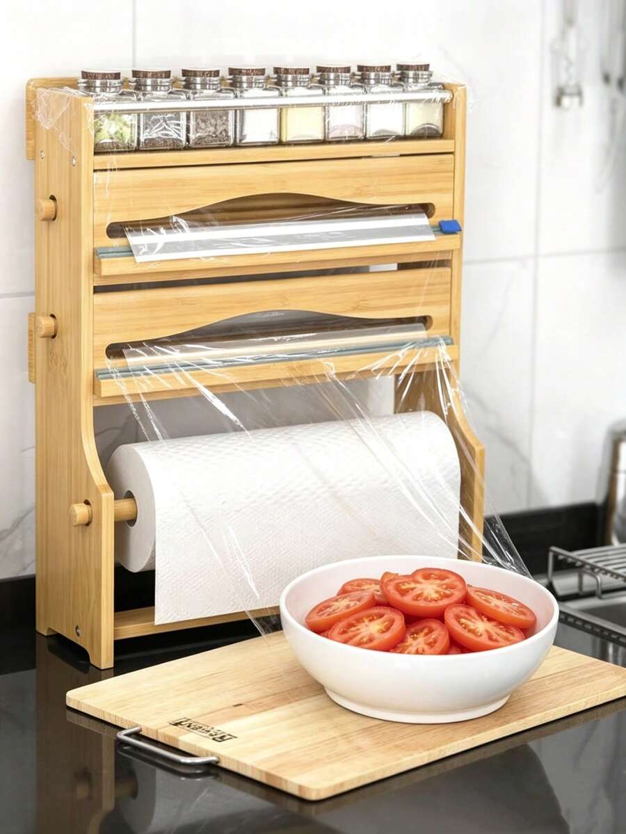 Wall Mount Bamboo Plastic Wrap Dispenser With Paper Towel Holder, Kitchen Storage Bamboo Wrap Dispenser,Kitchen Storage Rack,Aluminum Foil Storage Organizer, Kitchen Spice Rack Organiser,Home Organisation Accessory