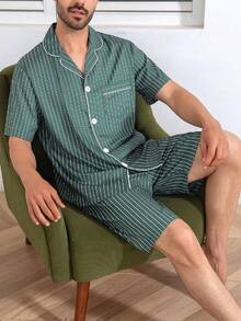 男士夏季睡衣套裝，短袖上衣與短褲，條紋印花，2件式居家服 - 彩色 - 查看 5