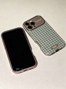 1pc Minimalist Ins Couple Plaid Pattern Phone Case Compatible With Apple 17 Pro Max 16 Pro New 13 Niche 14 Pro Women 15 Pro Full Coverage Leather Anti-Drop Soft Shell - Green - View 2